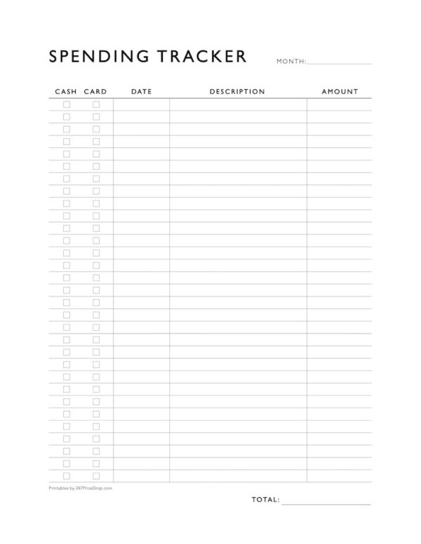 Free Printable Spending Tracker Sheet in Black and White